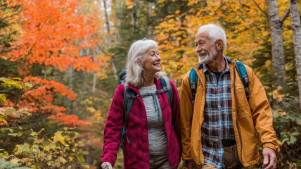 Fototapeta premium Explore adventure outdoor in National Park. An older couple walking through a forest in the fall. The trees are adorned with vibrant fall colors.