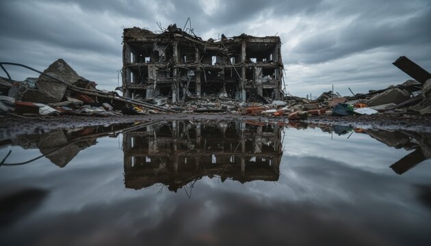 Deserted Ruined Structure Reflected in Calm Water.