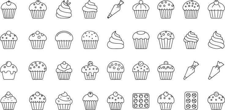 Collection of black and white cupcake and baking on white background muffin frosting pastry bag