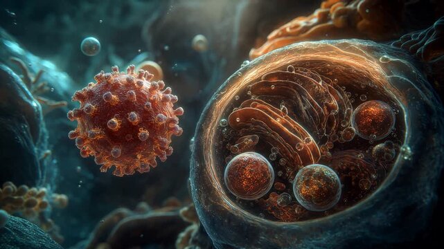 Detailed 3D render of Hantavirus particles undergoing autophagy, showcasing internal cellular processes and virus interaction