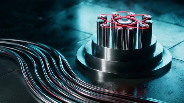 Quantum computer processor unit with glowing fiber optic cables, concept for advanced artificial intelligence and supercomputing technology