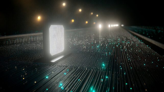 Quantum computer processor unit with glowing fiber optic cables, concept for advanced artificial intelligence and supercomputing technology
