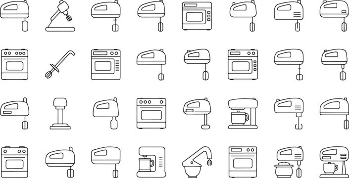 Collection of black and white line of kitchen appliances and cooking tools baking mixer