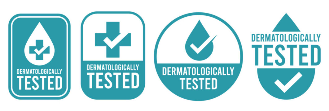 Dermatologically tested set icon. Dermatology, dermatologist, clinically proven, allergy free, laboratory tested, lab, label, logo, badge, symbol, vector. Paraben Free label product packaging design.