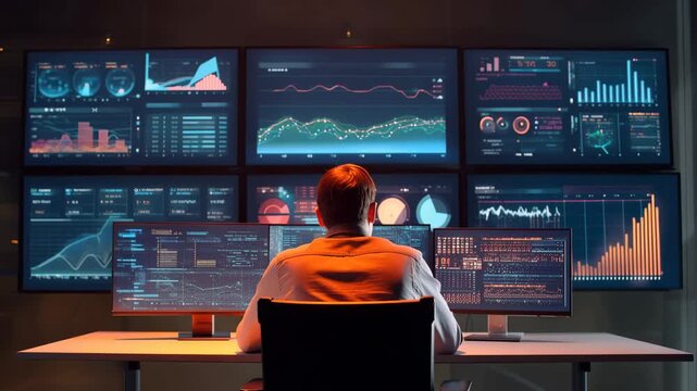 4K Ultra HD A professional data analyst working in a hightech monitoring control room, analyzing complex financial charts and global network traffic on multiple screens video