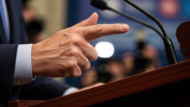 A speaker at a podium pointing his finger assertively at the audience.