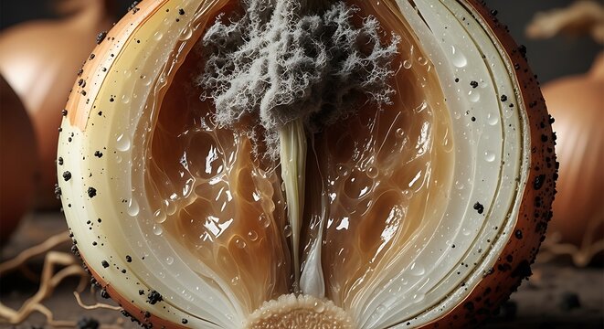Cross section of a rotten onion with mold inside