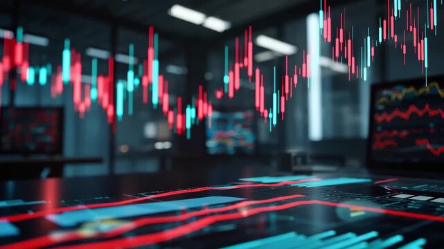 4K Ultra HD Financial trading chart with candlestick patterns and data analytics on a digital screen in a modern office environment video