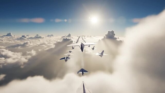 Large paper airplane leading a fleet through bright clouds