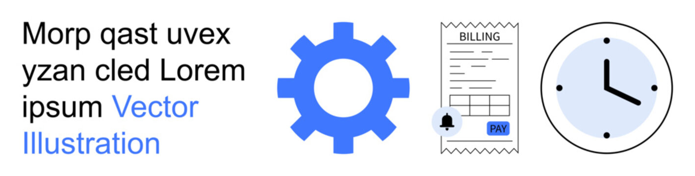 Workflow management, time tracking, billing systems, efficiency improvement, process automation, productivity tools. Gear, invoice and clock. Workflow management and time tracking principles