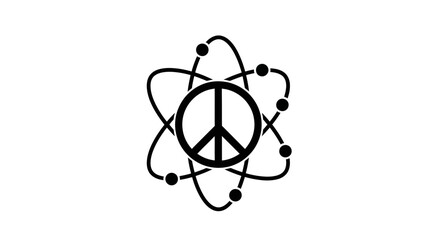 Peace sign symbol combined with an atomic orbit structure represents the global movement for nuclear disarmament and the pursuit of world harmony through scientific and peaceful cooperation. © Design