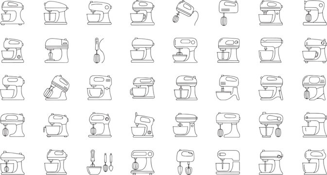 Collection of various line stand mixers and hand mixers with kitchen utensils kitchen appliance baking