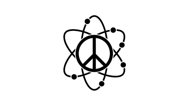 Peace sign symbol combined with an atomic orbit structure represents the global movement for nuclear disarmament and the pursuit of world harmony through scientific and peaceful cooperation.