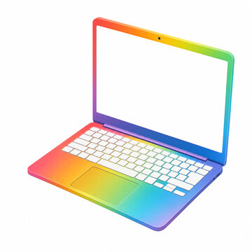 Rainbow laptop with white keyboard and blank screen symbolizes pride month celebration with vibrant colors and modern technology design