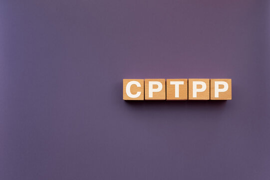 Eye-catching image of CPTPP text on wood blocks. The word stands for Comprehensive and Progressive Agreement for Trans-Pacific Partnership.