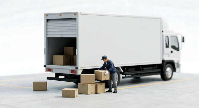 トラックの荷台から段ボール箱を丁寧に荷下ろしする作業員のミニチュア風イラスト
