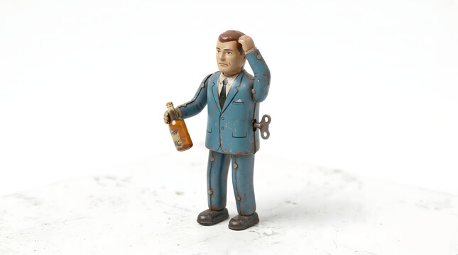 ストレスや孤独から夜遅くまでお酒を飲み続け頭を抱えるビジネスマンのブリキ玩具風イラスト
