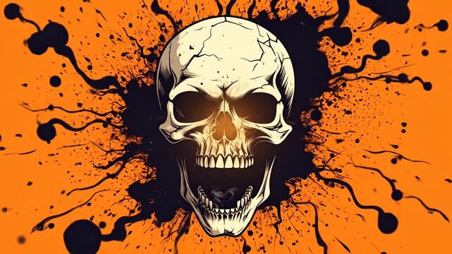 Stylized skull illustration with open mouth and teeth on an orange background with black grunge details