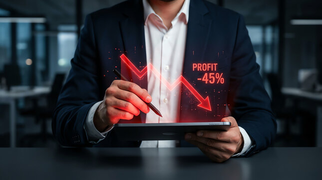 Businessman holding tablet showing profit decrease graph with percentage down, signifying financial loss and business decline