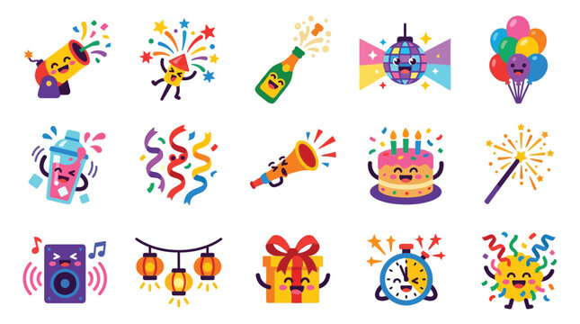 Collection of cute cartoon party elements with happy faces, celebrating joy and fun.