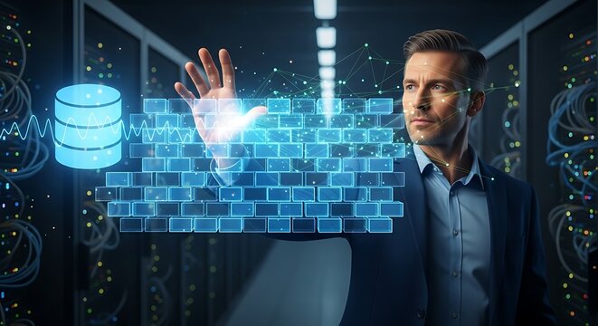 Robust firewall and network protection. A security professional builds a holographic 'brick wall' to protect a 'database' icon, representing a strong firewall.