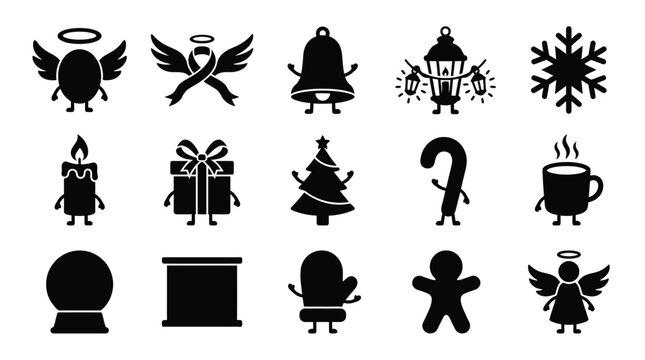 Set of Christmas Icons and Symbols in Silhouette Style.
