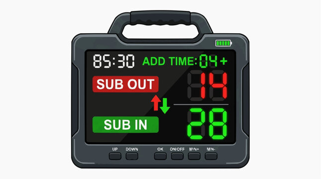 Referee Substitution Board: A modern electronic substitution board displaying game time and player numbers, ready for a referee to signal player changes on the field.
