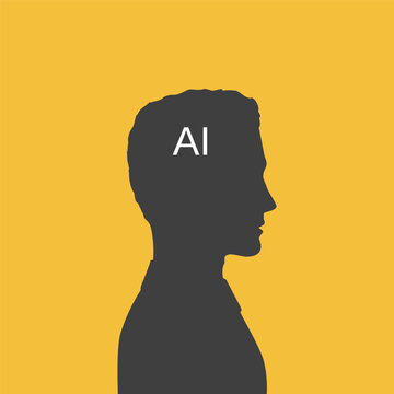 Silhouette profile of man with abbreviation 'AI' in his head - metaphor of using AI instead of own thinking. Poster of actual society problem.