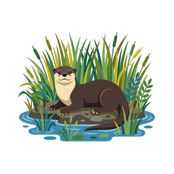 Cute otter resting on a rock in a pond surrounded by reeds