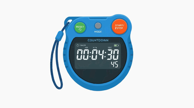 Blue Digital Timer: A vibrant blue digital timer with a clear display shows 00:04:30, featuring start, stop, and reset buttons, attached to a lanyard for easy portability.