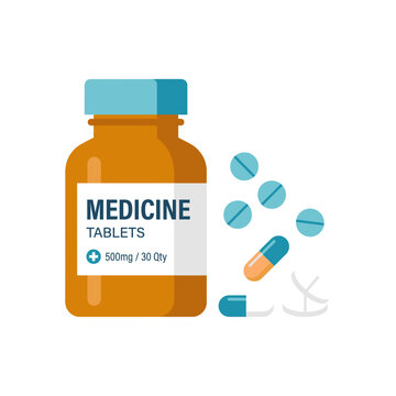 Medicine Bottle And Pills On White Background.