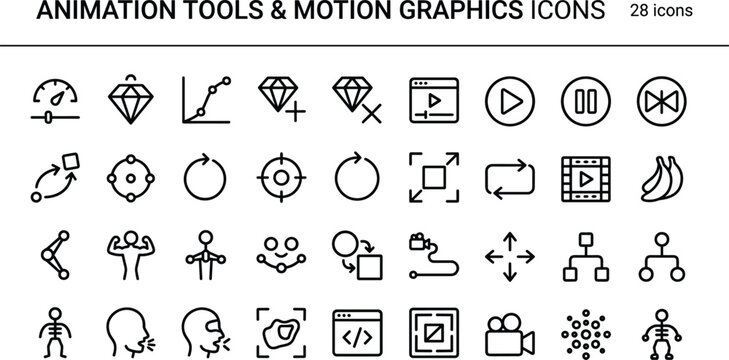 Animation and motion graphics line icon set for video editing interface creative tools and multimedia design applications