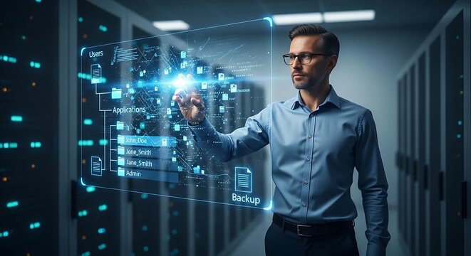 File management and organization. An IT professional's hands interact with a holographic 'file tree', expanding a folder to reveal its organized subdirectories.