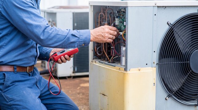 Technician repairing air conditioning unit with multimeter in hand outdoors