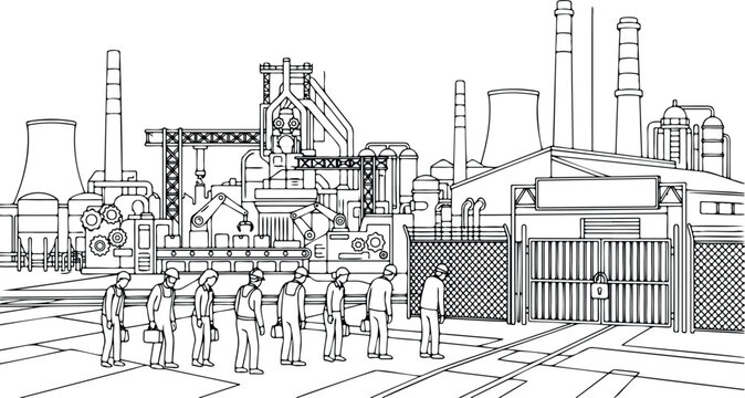Factory shutdown and industrial job loss illustration, workers standing outside closed gate, economic crisis and unemployment plant closure concept line art