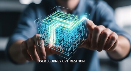 User journey optimization. A UX specialist's hands observe a holographic 'maze', tracing the simplest and most direct path to the exit with a finger.