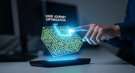 User journey optimization. A UX specialist's hands observe a holographic 'maze', tracing the simplest and most direct path to the exit with a finger.