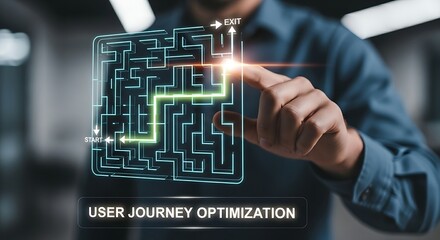 User journey optimization. A UX specialist's hands observe a holographic 'maze', tracing the simplest and most direct path to the exit with a finger.