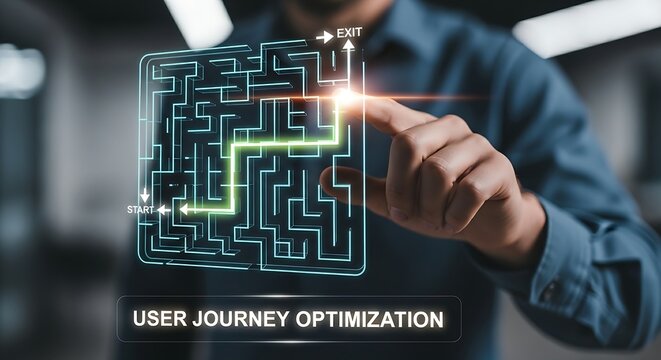User journey optimization. A UX specialist's hands observe a holographic 'maze', tracing the simplest and most direct path to the exit with a finger.