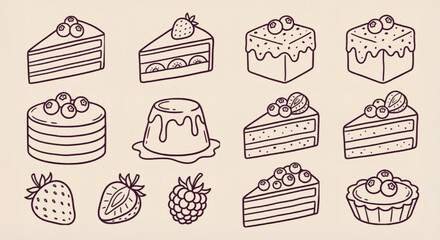 Minimalist hand drawn cake icons, vintage line art dessert set with 12 vector elements, sweet pastry and berry sketches for bakery menu design © Hinaa