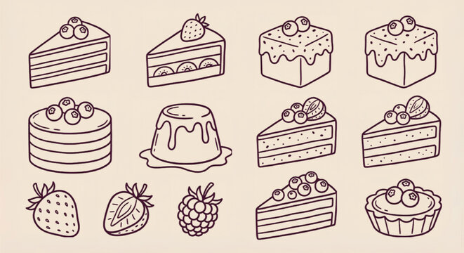 Minimalist hand drawn cake icons, vintage line art dessert set with 12 vector elements, sweet pastry and berry sketches for bakery menu design