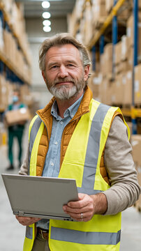 Warehouse Manager with Laptop: A seasoned warehouse manager, wearing a high-visibility vest, confidently holds a laptop, overseeing operations amidst rows of stacked boxes.