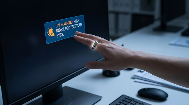 Hand wearing a ring touches a computer monitor displaying a UV warning message advising to protect eyes