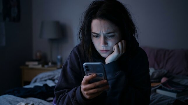 A young woman with a worried expression stares intently at her smartphone screen in a dimly lit room.