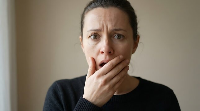 A woman with wide eyes and an open mouth clutches her hand to her chin in shock.