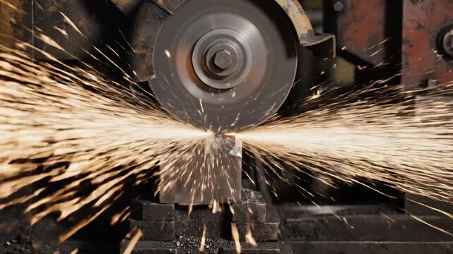 Industrial metal cutting process with sparks from a spinning abrasive wheel in a workshop environment