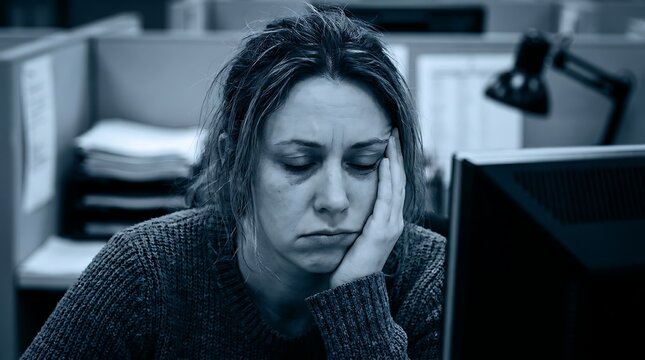 A tired woman with her head resting on her hand, looking exhausted at her desk.