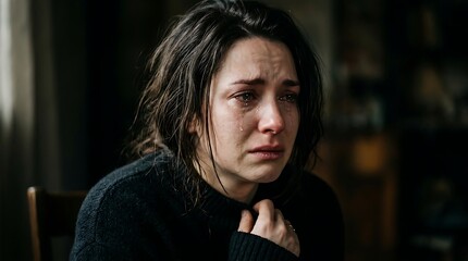 Obraz premium A young woman with dark hair is crying intensely, her face contorted in anguish and despair.