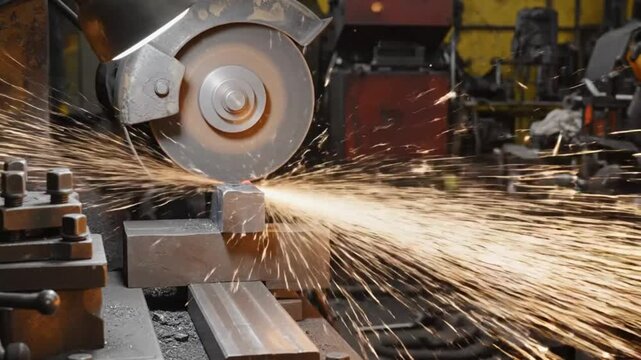 Metalworker using an industrial grinder to cut a square steel bar, creating showers of sparks in a workshop