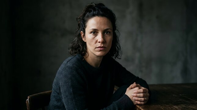 A somber woman with dark hair pulled back sits with her hands clasped on a wooden table.